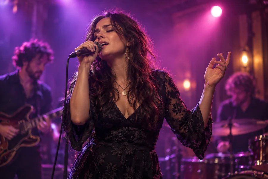 Singer performing under violet stage lighting